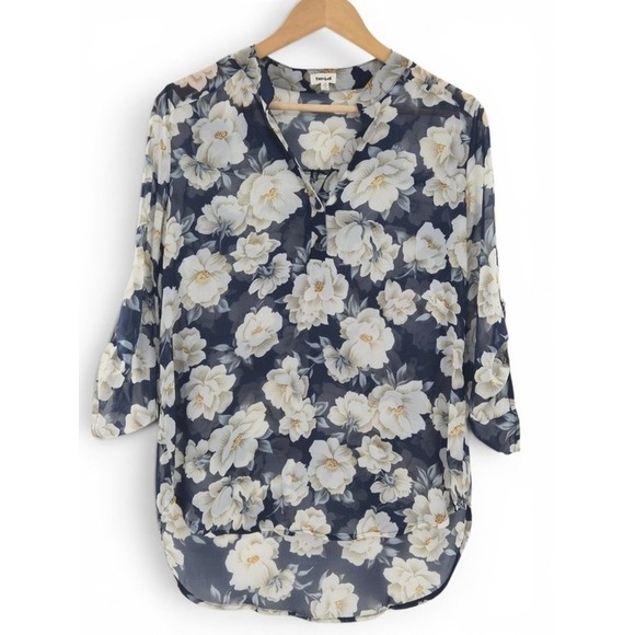 TeenBell Tops - Navy Ivory Floral Sheer Tunic Blouse M 3/4 Roll-Tab Sleeve High-Low Cottagecore